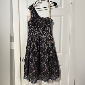 Eliza J Navy and Beige One Shoulder Dress